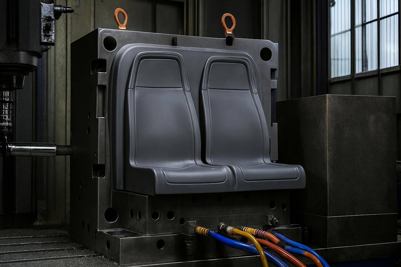 Moldagem industrial de assentos plásticos duplos em uma fábrica, com destaque para o molde metálico conectado a mangueiras hidráulicas coloridas; imagem ilustrativa dos processos envolvidos na fabricação e no custo de molde de injeção de plástico para peças automotivas.