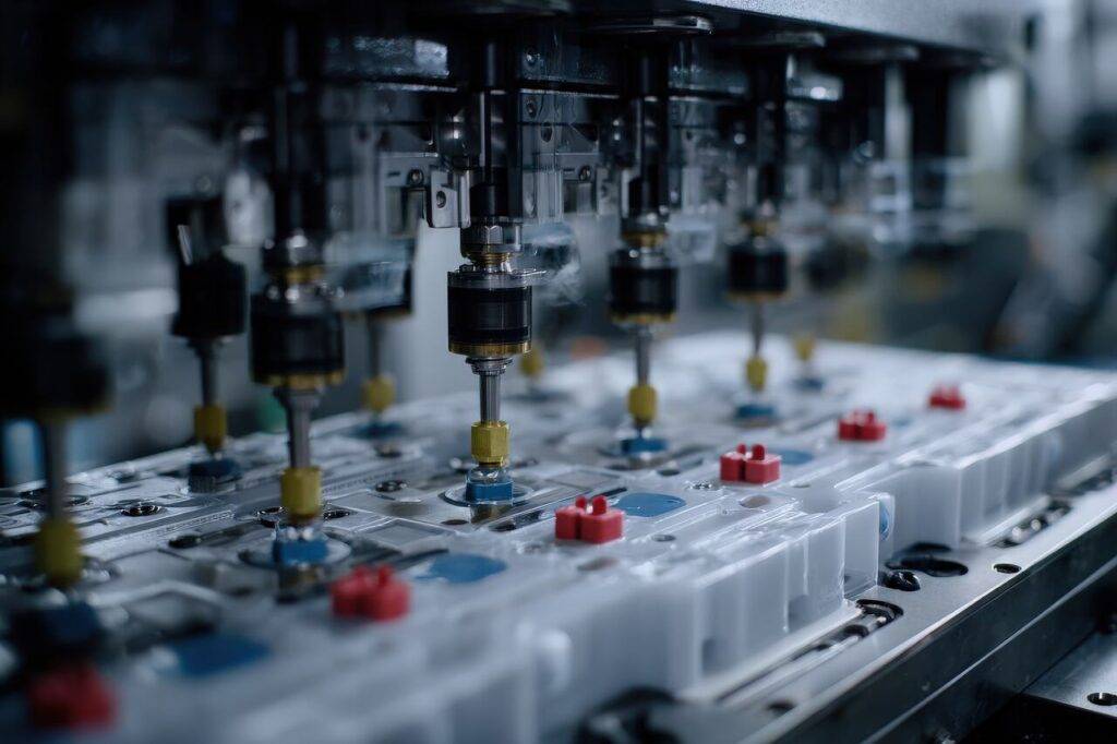 Close-up de uma máquina industrial de alta precisão em operação, mostrando a produção de peças plásticas em uma placa branca. Exemplo de tipos de moldagem de plástico por injeção.