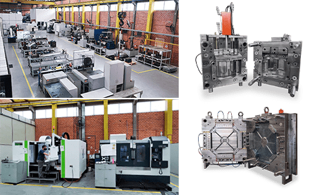 Linha industrial com máquinas CNC e moldes industriais de alumínio ou aço utilizados na fabricação de peças metálicas