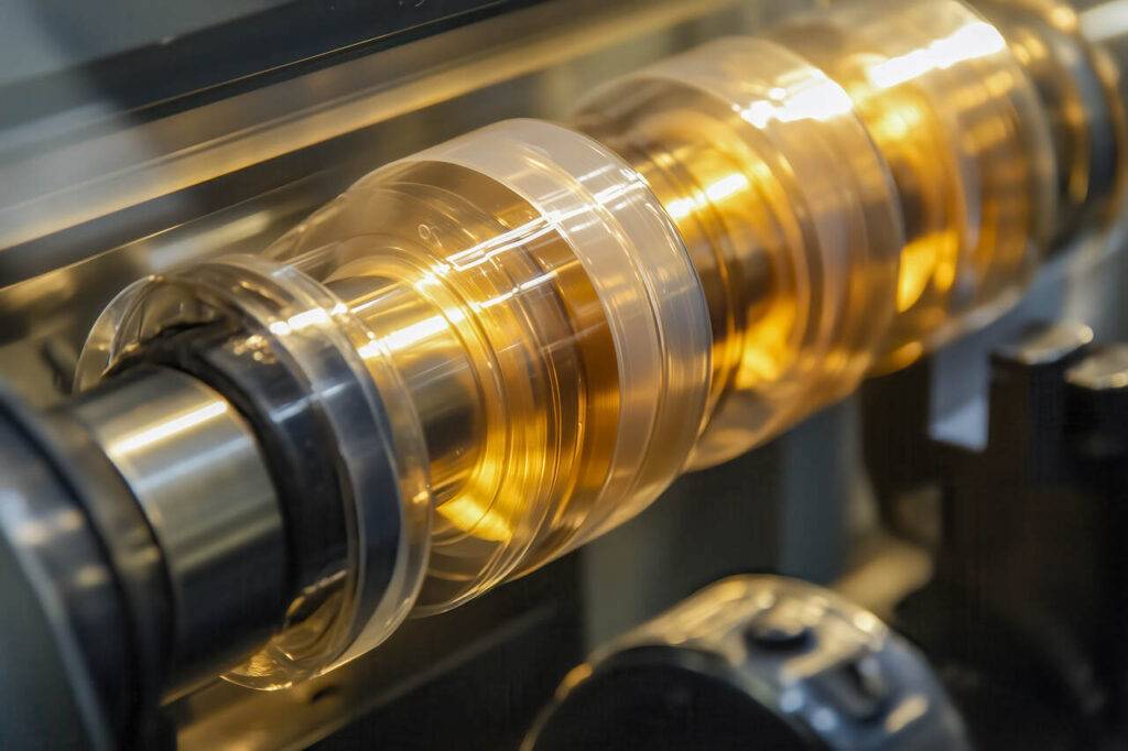 Processo industrial em andamento, mostrando um tubo transparente sendo moldado em um eixo giratório. Demonstra um dos tipos de moldagem de plástico, como a moldagem por sopro ou termoformagem.