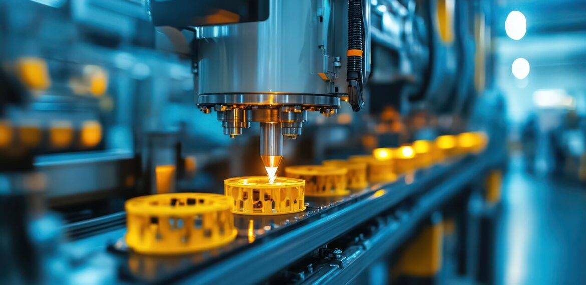 Vista de uma linha de produção automatizada com peças plásticas amarelas sendo fabricadas por uma máquina industrial em um ambiente de luz azulada. Ilustra um dos tipos de moldagem de plástico.