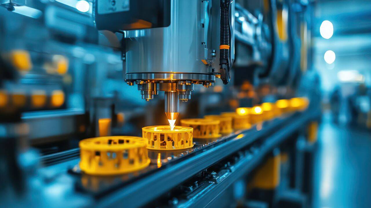 Vista de uma linha de produção automatizada com peças plásticas amarelas sendo fabricadas por uma máquina industrial em um ambiente de luz azulada. Ilustra um dos tipos de moldagem de plástico.