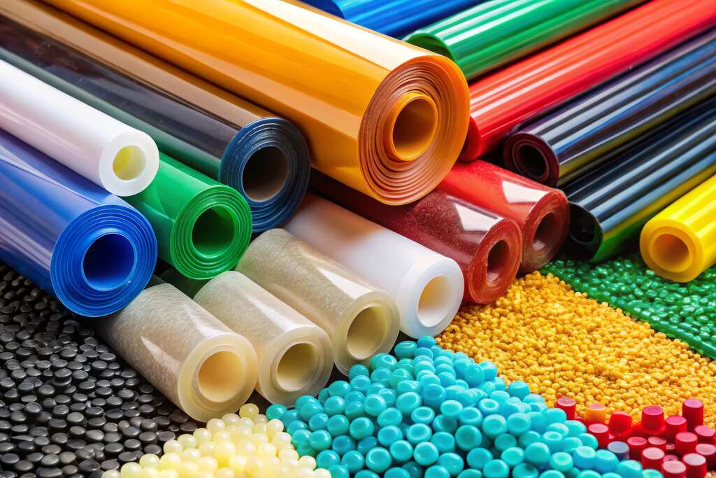 Imagem colorida exibindo a versatilidade do poliuretano em diferentes formas industriais. No centro, há vários rolos de filmes plásticos coloridos (amarelo, azul, verde, vermelho). Na parte inferior, veem-se montes de pequenas pelotas de resina (grânulos) em cores variadas como azul turquesa, amarelo e preto, além de peças cilíndricas sólidas. A composição demonstra as formas rígidas, flexíveis e granuladas do material.