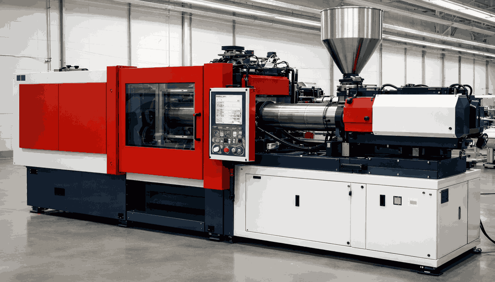 Foto de uma máquina industrial em fábrica, representando os tipos de injetoras de plástico usados na produção de peças.