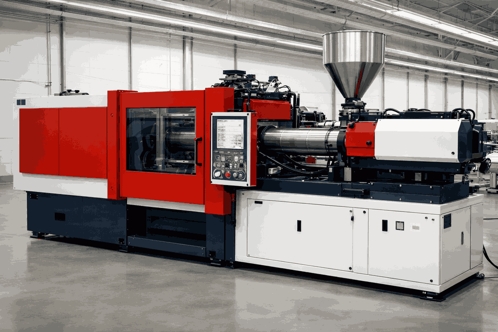 Foto de uma máquina industrial em fábrica, representando os tipos de injetoras de plástico usados na produção de peças.